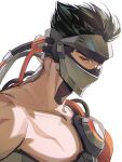  1boy bare_pectorals black_hair blackwatch_genji collarbone commentary covered_mouth cyborg genji_(overwatch) hashtag-only_commentary highres looking_to_the_side male_focus mask multiple_scars official_alternate_costume overwatch pectorals red_eyes road_233 scar scar_on_arm scar_on_shoulder short_hair simple_background solo upper_body white_background 
