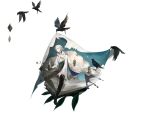  1boy absurdres aqua_cape aqua_veil asymmetrical_sleeves bell_sleeves bird black_boots black_collar blue_cape blue_eyes blunt_ends boat boots cape closed_mouth cloud collar collar_chain_(jewelry) collarbone crow ctrchangge earrings facial_mark flower fold-over_boots fold-over_collar foot_dangle full_body green_vest grey_flower hand_around_neck highres holding holding_lantern holding_veil jewelry lantern long_sleeves looking_at_viewer male_focus medium_hair mouth_hold official_art parted_bangs project_soul shirt side_cape simple_background sitting solo torn_clothes torn_sleeves two-sided_cape two-sided_fabric two-sided_veil uneven_sleeves veil vest watercraft white_background white_shirt white_veil 