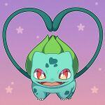  absurdres bulbasaur commentary commission english_commentary fangs gradient gradient_background heart highres looking_at_viewer no_humans open_mouth outline pink_background pokemon pokemon_(creature) red_eyes sevi_(seviyummy) smile solo standing watermark white_outline 