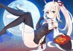  1girl :3 absurdres ass asymmetrical_sleeves ayanami_(azur_lane) ayanami_(lunar_demon)_(azur_lane) azur_lane bangs black_legwear china_dress chinese_clothes cloud cloudy_sky commentary_request detached_sleeves dress eyebrows_visible_through_hair full_moon hair_between_eyes hair_ornament hairclip highres holding holding_plate long_hair looking_at_viewer mismatched_sleeves moon mooncake night night_sky orange_eyes plate ponytail retrofit_(azur_lane) side_slit sidelocks silver_hair sitting sky smile solo star_(sky) starry_sky thighhighs wide_sleeves yakiimo_imo 