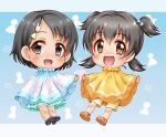  2girls :d akagi_miria bangs black_footwear black_hair blue_bow blue_skirt bow brown_eyes brown_footwear bunny_hair_ornament chibi commentary_request eyebrows_visible_through_hair frilled_skirt frills grey_eyes hair_between_eyes hair_bow hair_ornament hairclip idolmaster idolmaster_cinderella_girls looking_at_viewer low_twintails multiple_girls open_mouth parted_bangs poncho regular_mow sandals sasaki_chie shoe_soles shoes short_hair shorts skirt smile twintails two_side_up yellow_shorts 