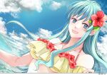 1girl :d aqua_eyes aqua_hair bare_shoulders bikini breasts cloud cloudy_sky eirika_(fire_emblem) eirika_(summer)_(fire_emblem) eyelashes fire_emblem fire_emblem:_the_sacred_stones fire_emblem_heroes flower hair_flower hair_ornament highres long_hair looking_at_viewer medium_breasts official_alternate_costume open_mouth shibahiyori1202 sidelocks sky smile solo swimsuit upper_body yellow_bikini 