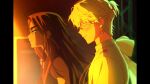  1boy 1girl alien_stage back_bow blonde_hair blush bow brown_hair dark-skinned_female dark_skin from_side highres hyuna_(alien_stage) long_hair lubya luka_(alien_stage) shirt short_hair small_sweatdrop smile very_short_hair white_bow white_shirt 