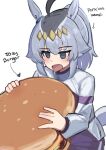  1girl absurdres ahoge animal_ears arrow_(symbol) burger cowboy_shot drooling english_commentary english_text food glutton grey_eyes grey_hair highres holding holding_burger holding_food horse_ears horse_girl horse_tail iog626 jacket jitome mouth_drool oguri_cap_(umamusume) open_mouth oversized_food oversized_object ponytail simple_background solo tail track_jacket umamusume white_background 