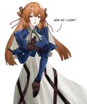  1girl absurdres ascot blue_jacket brown_gloves brown_hair commentary cosplay dress english_commentary english_text girls&#039;_frontline gloves green_eyes hair_ribbon hand_on_own_chest highres jacket long_hair looking_at_viewer open_mouth red_ribbon ribbon simple_background solo springfield_(girls&#039;_frontline) violet_evergarden violet_evergarden_(cosplay) violet_evergarden_(series) white_ascot white_background white_dress yazu_(zoddiacz) 