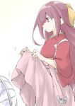  1girl akara_kai blush bow breasts clothes_lift electric_fan fanning_crotch hair_bow hair_ribbon hakama hakama_skirt highres japanese_clothes kamikaze_(kancolle) kantai_collection kimono long_hair meiji_schoolgirl_uniform open_mouth pink_hakama purple_eyes purple_hair red_kimono ribbon skirt skirt_lift solo yellow_bow 