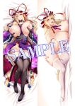  1girl absurdres black_panties black_thighhighs blonde_hair blush breast_press breast_rest breasts breath bright_pupils check_commentary comiket_106 commentary commentary_request curvy dakimakura_(medium) deep_skin dress elbow_gloves floral_print frilled_sleeves frills gloves grabbing_own_breast hand_on_own_thigh hat hat_ribbon highres huge_breasts lactation long_hair lying mob_cap neck_ribbon nipple_stimulation open_mouth ouma_tokiichi panties partially_fingerless_gloves purple_eyes purple_ribbon purple_trim red_ribbon ribbon sample_watermark shiny_skin smile solo tearing_up teeth thick_thighs thighhighs thighs tongue tongue_out touhou trigram underwear very_long_hair watermark white_pupils white_thighhighs wide_hips wide_sleeves yakumo_yukari 
