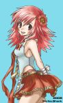  1girl 2000s_(style) 2006 arms_behind_back artist_name belt blue_background breasts brown_belt commentary_request cowboy_shot flower grey_eyes grey_shirt hair_flower hair_ornament hand_up hip_vent john_(strike-shank) long_hair looking_at_viewer looking_to_the_side medium_breasts open_mouth pink_hair ragnarok_online red_flower red_skirt shirt sideboob simple_background skirt sleeveless sleeveless_shirt smile solo taekwon_(ragnarok_online) 