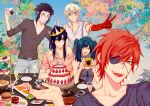  1girl 4boys absurdres alcohol allen_walker alma_karma arm_on_another&#039;s_shoulder autumn_leaves bare_arms bare_shoulders beer belt birthday birthday_cake blue_choker blue_eyes blue_nails blue_sky blush body_markings branch breast_pocket breasts brown_belt bunny_ears_prank burger bush cake camera candle choker cleavage closed_eyes collarbone collared_shirt colored_extremities crown cupcake d.gray-man donut dress eclair_(food) elbows_on_table eyepatch facial_mark facing_another facing_viewer fish_(food) food fork frown fruit glass glasses gold_crown green_eyes green_hair green_leaf grey_pants grey_shirt grin hair_between_eyes hair_over_shoulder hand_up happy_birthday heart high_ponytail highres holding holding_camera ice_cream ice_cream_sandwich juice kanda_yuu knife lavi leaf lemonade lenalee_lee long_hair looking_at_another looking_at_viewer macaron messy_hair multiple_boys one_eye_covered open_mouth orange_hair orange_juice orange_leaf pants photo_(object) pink_shirt plate pocket ponytail purple_dress purple_eyes purple_hair purple_shirt red_leaf rocheng sashimi scar scar_across_eye scar_on_face scar_on_nose shirt short_hair short_sleeves shrimp shrimp_tempura sidelocks sky sleeveless sleeveless_dress sleeveless_shirt small_breasts smile sparkle spiked_hair star_(symbol) star_facial_mark steak strawberry striped_clothes striped_shirt table tempura tree two_side_up v vertical-striped_clothes vertical-striped_shirt white_hair white_shirt yellow_leaf 