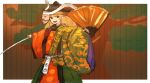  1girl black_hat blonde_hair border brown_eyes commentary_request cowboy_shot dress folding_fan folding_screen green_jacket hand_fan haori hat highres holding holding_fan holding_sword holding_weapon jacket japanese_clothes katana long_hair looking_at_viewer matara_okina open_mouth orange_dress outside_border ritsuzou smile solo sword touhou weapon white_border 
