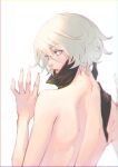  1girl bare_back blue_eyes from_behind highres kazama_raita looking_at_viewer looking_back nier_(series) nier_automata open_mouth short_hair silver_hair simple_background solo topless_male white_background yorha_no._2_type_b 