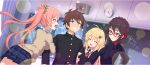  1boy 3girls :d ahoge beads bespectacled blazer blonde_hair blue_jacket blue_necktie blue_skirt blush bow braid breasts brown_hair brown_sweater chalkboard classroom closed_eyes collared_shirt contemporary crown_braid diagonal-striped_clothes diagonal-striped_necktie erika_(konosuba) food-themed_hair_ornament gakuran game_cg glasses grape_hair_ornament green_eyes grin hair_beads hair_bow hair_ornament hair_over_shoulder hair_ribbon harem highres holding_another&#039;s_arm indoors iris_(konosuba) jacket kono_subarashii_sekai_ni_shukufuku_wo! konosuba!_fantastic_days large_breasts leaning_forward long_hair long_sleeves looking_at_another low_twintails miniskirt multiple_girls necktie official_alternate_costume official_art open_mouth pink_eyes pink_hair plaid_clothes plaid_skirt pleated_skirt red-framed_eyewear red_bow red_necktie red_ribbon ribbon satou_kazuma school_uniform shade shirt short_hair side_braid sidelocks skirt smile sparkle striped_clothes sweater twintails two-tone_necktie white_shirt yunyun_(konosuba) 