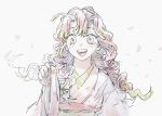  1girl :d blush braid commentary_request green_hair hand_up happy japanese_clothes kanroji_mitsuri kimetsu_no_yaiba kimono long_hair looking_at_viewer mole mole_under_each_eye mole_under_eye multicolored_hair multiple_moles open_mouth petals pink_eyes pink_hair pink_kimono simple_background smile solo straight-on tata_iine_suru tearing_up teeth twin_braids two-tone_hair upper_body white_background 