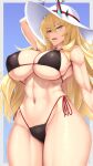  1girl abs arm_behind_head bangs bikini black_bikini blonde_hair breasts commentary_request crossed_bangs eyebrows_visible_through_hair fairy_knight_gawain_(fate) fate/grand_order fate_(series) green_eyes hair_between_eyes hat heterochromia highres large_breasts long_hair looking_at_viewer muscular muscular_female navel open_mouth red_eyes shuugetsu_karasu side-tie_bikini solo swimsuit white_headwear 