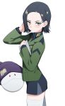  black_hair black_skirt blue_eyeshadow comoli_harcourt eyeshadow green_jacket haro highres jacket makeup mole mole_under_eye skirt thighhighs zeon 