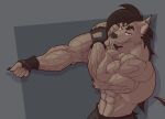 abs anthro arm_tuft barazoku barbell_piercing beard big_biceps big_muscles bottomwear brown_body brown_fur brown_hair canid canine canis claws clothed clothing coyote digital_drawing_(artwork) digital_media_(artwork) ear_piercing ear_ring elbow_tuft facial_hair fingerless_gloves fist flexing fur gloves grey_bottomwear grey_clothing grey_shorts hair handwear hi_res huge_muscles kaioat looking_at_viewer male mammal mohawk muscle_tone muscular obliques pecs piercing ponytail red_eyes ring_piercing russell_carmine shaded shorts showing_off_muscles simple_background smile smirk smug smug_grin solo tail topless tuft vein veiny_arms veiny_muscles