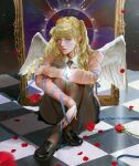  1girl absurdres angel angel_wings blonde_hair blue_eyes broken_mirror checkered_floor commentary english_commentary falling_petals feathered_wings flower highres long_hair mirror original petals red_flower red_rose rose solo vijoux white_wings wings 