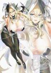  1girl abs adversarial_noise bare_shoulders barghest_(fate) barghest_(fgo_fes._2025)_(fate) black_dress blonde_hair blush breasts brown_pantyhose chain dress elbow_gloves fate/grand_order fate_(series) gloves green_eyes hat highres horns huge_breasts jewelry long_hair looking_at_viewer multiple_views muscular muscular_female necklace open_mouth pantyhose pelvic_curtain sasakuma_kyouta sideboob signature smile sun_hat thick_thighs thighs two-tone_dress umbrella watermark white_dress white_gloves white_hat 