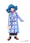  1990s_(style) 1girl bag blue_eyes coat copyright_notice full_body handbag highres long_sleeves medium_hair non-web_source official_art open_mouth plaid_clothes plaid_coat retro_artstyle rolfee simple_background sleeves_past_wrists solo standing tadano_kazuko tonari_no_princess_rolfee white_background 