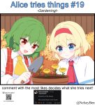  2girls alice_margatroid ascot blonde_hair blue_dress blue_eyes blush bnelsey breasts capelet closed_mouth collared_shirt commentary dress english_commentary english_text flower green_hair hairband holding_trowel kazami_yuuka ko-fi_logo long_sleeves multiple_girls open_clothes open_mouth open_vest plaid_clothes plaid_vest plant potted_plant qr_code red_eyes red_hairband red_vest request_inset screenshot_inset shirt smile touhou trowel twitter_username vest web_address white_capelet white_shirt yellow_ascot yellow_flower 