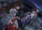  2girls absurdres akagi_(kancolle) arrow_(projectile) blue_hakama bow_(weapon) brown_eyes brown_gloves brown_hair closed_mouth cloud cloudy_sky commentary_request dutch_angle fog frown full_moon gegeron glaring gloves hakama half-closed_eyes highres holding holding_bow_(weapon) holding_weapon horizon japanese_clothes kaga_(kancolle) kantai_collection kimono long_hair looking_to_the_side moon multiple_girls muneate night night_sky ocean outdoors partial_commentary quiver red_hakama rigging side_ponytail single_glove sky weapon white_kimono wind 