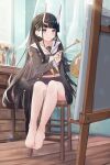  1girl azur_lane bangs bare_legs barefoot black_cardigan black_hair black_skirt blunt_bangs blush canvas_(object) cardigan closed_mouth commentary_request curtains easel eyebrows_visible_through_hair feet full_body hair_ornament hairclip highres holding holding_paintbrush holding_palette horns indoors lim_(ramu) long_hair long_sleeves looking_at_viewer miniskirt neckerchief noshiro_(azur_lane) oni_horns open_cardigan open_clothes paintbrush painting palette_(object) purple_eyes sailor_collar school_uniform serafuku sitting skirt smile solo stool very_long_hair white_neckerchief white_sailor_collar wooden_floor x_hair_ornament 