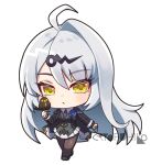  ahoge artist_name bird bird_on_hand black_dress black_pantyhose blue_flower breasts chibi deformed dress eyebrows_hidden_by_hair eyes_visible_through_hair flower full_body green_eyes hair_between_eyes hair_ornament hairclip large_breasts long_hair looking_at_viewer multicolored_eyes pantyhose ryofuhiko short_dress signature thighs very_long_hair white_background white_hair yellow_eyes yixuan_(trails_of_ink)_(zenless_zone_zero) yixuan_(zenless_zone_zero) zenless_zone_zero 