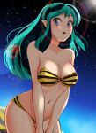  1girl absurdres animal_print bikini blue_eyes breasts cleavage commentary_request cone_horns cowboy_shot green_hair highres horns lens_flare long_hair looking_at_viewer lum medium_breasts nanao_futaba navel pointy_ears small_horns solo star_(sky) strapless strapless_bikini swimsuit tiger_print urusei_yatsura yellow_bikini yellow_horns 
