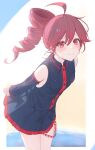  1girl ahoge alternate_hairstyle armpit_crease arms_behind_back blush breast_pocket collared_shirt detached_sleeves drill_hair drill_ponytail hair_between_eyes highres kasane_teto leaning_forward long_sleeves looking_at_viewer pocket ponytail red_eyes red_hair shirt smile solo standing tsui_(dfjw5724) utau 