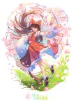  1girl absurdres ascot bow brown_hair brown_shoes cherry_blossoms chinese_commentary chinese_text commentary_request detached_sleeves falling_petals frilled_bow frilled_hair_tubes frills full_body gohei hair_bow hair_tubes hakurei_reimu highres holding holding_gohei long_hair looking_at_viewer midriff_peek minuo navel ofuda petals pink_petals red_bow red_eyes red_skirt ribbon-trimmed_sleeves ribbon_trim shoes skirt skirt_set socks solo spring_(season) touhou translation_request white_socks yellow_ascot 