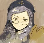  1girl absurdres blue_hat cropped_head dlanor_a._knox drill_hair hat highres kornod long_hair looking_at_viewer purple_eyes round_eyewear solo straight-on twin_drills umineko_no_naku_koro_ni yellow_eyes 