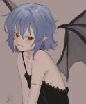  1girl bare_shoulders bat_wings black_camisole blue_hair brown_background camisole commentary_request highres looking_at_viewer open_mouth pointy_ears red_eyes remilia_scarlet ropu_1 short_hair solo spaghetti_strap teeth touhou upper_body wings 