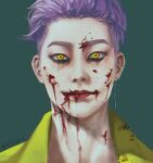  1boy 23i2ko bags_under_eyes blood blood_on_clothes blood_on_face blood_splatter coat constricted_pupils crazy_eyes dead_by_daylight green_background hair_slicked_back head_tilt highres looking_at_viewer makeup male_focus portrait purple_hair runny_makeup short_hair simple_background solo the_trickster_(dead_by_daylight) yellow_coat yellow_eyes 