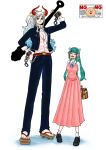  2girls ^_^ aqua_hair blue_hair blunt_bangs blush broken_handcuffs closed_eyes commentary_request couchpotato_op dress earrings flower gakuran geta hair_flower hair_ornament hand_on_own_hip highres holding holding_weapon horns jewelry kouzuki_hiyori long_hair looking_at_viewer multiple_girls one_piece pink_dress ponytail school_uniform sidelocks size_difference smile socks weapon white_hair white_socks yamato_(one_piece) 