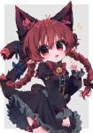  1girl :d absurdres ahoge animal_ear_fluff animal_ears arm_belt black_bow black_corset black_shirt black_skirt blush border bow bowtie braid cat_ears cat_girl center_frills colored_inner_animal_ears corset cowboy_shot frilled_skirt frills grey_background hair_bow highres index_finger_raised kaenbyou_rin leg_ribbon long_sleeves looking_at_viewer mr.turtle_head multiple_hair_bows nekomata notice_lines open_mouth pointy_ears red_bow red_bowtie red_eyes red_ribbon ribbon shirt skirt smile solo thigh_ribbon touhou twin_braids twintails white_border 