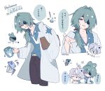  2boys absurdres alternate_costume anaxa_(honkai:_star_rail) animal_ears bandaged_head bandages black_pants blue_shirt briefcase carrying carrying_under_arm cat_ears chibi chibi_inset coat collared_shirt commentary_request cropped_legs cropped_shoulders cup dromas_(honkai:_star_rail) eyepatch green_hair highres holding holding_briefcase holding_cup honkai:_star_rail honkai_(series) lab_coat male_focus multiple_boys multiple_views necktie notebook pants paper pencil phainon_(honkai:_star_rail) ponytail rabbit_ears saden_meow shaded_face shirt translation_request white_coat white_necktie 