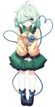  1girl absurdres black_boots boots buttons closed_mouth collared_shirt commentary_request diamond_button eyeball frilled_shirt_collar frilled_sleeves frills green_eyes green_hair green_skirt hair_over_one_eye heart heart_of_string highres komeiji_koishi long_hair long_sleeves looking_at_viewer no_headwear pioartstuff shirt simple_background skirt solo third_eye touhou transparent_background wide_sleeves yellow_shirt 