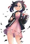  1girl absurdres asymmetrical_bangs backpack bag black_choker black_hair black_jacket black_nails breasts choker cleavage cowboy_shot dress earrings green_eyes hair_ribbon hand_up highres hinomoto_(momo8843) holding holding_poke_ball jacket jewelry looking_at_viewer marnie_(pokemon) pink_dress poke_ball pokemon pokemon_swsh red_ribbon ribbon simple_background small_breasts solo stud_earrings thighs twintails undercut white_background 