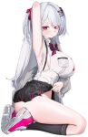  1girl absurdres arm_up armpits black_bow black_bowtie black_socks blush bow bowtie breasts closed_mouth clothes_lift collared_shirt commentary_request from_side gem grey_jacket hair_between_eyes hair_ornament hairclip halter_shirt halterneck highres jacket kneehighs korean_commentary krabking large_breasts long_hair long_sleeves looking_at_viewer off_shoulder original parallel_hairclips partial_commentary pink_eyes pleated_skirt red_gemstone riche_leilani seiza shirt shoes simple_background sitting skirt skirt_lift sneakers socks solo thighs turning_head two-tone_skirt two_side_up very_long_hair white_background white_hair white_shirt white_shoes 