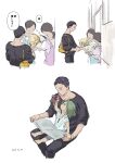  2boys 2girls absurdres age_difference aged_down barefoot black_hair black_shirt book brown_hair carrying child child_carry dated faceless faceless_female facial_mark forehead_mark green_hair hand_on_another&#039;s_hand hat highres holding holding_book holding_hands holding_stuffed_toy implied_yaoi itsuki_(yu_yu_hakusho) looking_at_another male_focus multiple_boys multiple_girls nishida_(pixiv_50671594) pulling pulling_another&#039;s_clothes reading school_hat sensui_shinobu shirt sitting sitting_on_lap sitting_on_person struggling stuffed_animal stuffed_toy sweatdrop teddy_bear yellow_hat yu_yu_hakusho 