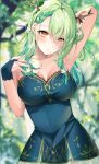  1girl absurdres antlers arm_up armpits blurry blurry_background blush braid branch breasts ceres_fauna collarbone commentary covered_navel dress earrings english_commentary eyebrows_visible_through_hair flower forest french_braid green_hair green_nails hair_flower hair_ornament highres hololive hololive_english jewelry leaf long_hair medium_breasts mole mole_under_eye nail_polish nature parted_lips sleeveless sleeveless_dress solo sosuke_(yrmon) sweat virtual_youtuber yellow_eyes 