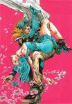  1boy 1girl araki_hirohiko araki_hirohiko_(style) ball blonde_hair blue_dress blue_hair blue_lips blue_scarf brown_hat brown_pants brown_shoes cape carrying cowboy_hat dress facial_hair flower full_body goggles goggles_on_headwear gyro_zeppeli hat high_heels highres jojo_no_kimyou_na_bouken long_hair lucy_steel non-web_source official_art pants petals pink_background pink_flower pink_petals princess_carry scarf shoes steel_ball_run traditional_media white_cape 