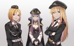  3girls absurdres artist_name bangs belt black_belt black_dress black_jacket black_necktie blonde_hair breasts brown_eyes cleavage closed_mouth collared_shirt commentary_request crossed_arms dress eyebrows_visible_through_hair gar32 garrison_cap girls&#039;_frontline gradient gradient_background green_eyes grey_background grey_hair hair_between_eyes hat highres jacket kar98k_(girls&#039;_frontline) long_hair long_sleeves medium_breasts military military_hat military_jacket military_uniform mp40_(girls&#039;_frontline) multiple_girls necktie parted_lips peaked_cap red_eyes shirt smile stg44_(girls&#039;_frontline) uniform very_long_hair white_belt white_shirt 