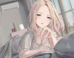  1girl absurdres air_conditioner blonde_hair breasts cellphone cellphone_photo cleavage dress forehead frilled_dress frills gakuen_idolmaster highres idolmaster indoors juo_sena lying medium_breasts multicolored_hair on_stomach phone pink_hair purple_eyes sherlock_hime sleepwear solo streaked_hair two-tone_hair white_dress 