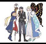  1girl 2boys artoria_pendragon_(caster)_(fate) artoria_pendragon_(fate) bandaid bandaid_on_face black_gloves black_hair blonde_hair boots bow butterfly_wings cape chin_stroking command_spell fate/grand_order fate_(series) fujimaru_ritsuka_(male) gloves hat highres laughing multiple_boys nesui_sui oberon_(fate) pantyhose polar_chaldea_uniform silver_hair staff white_background wings 