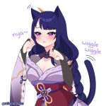  1girl animal_ears blush braid breasts cat_ears cat_tail cleavage embarrassed english_text fingerless_gloves genshin_impact gloves highres japanese_clothes kimono mikumoreau paw_pose purple_eyes purple_hair raiden_shogun simple_background tail white_background 