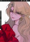  blonde_hair dimple dio_brando ear_birthmark earrings genderswap genderswap_(mtf) highres jewelry jojo_no_kimyou_na_bouken long_hair mingqi67342 phantom_blood smile solo yellow_eyes 