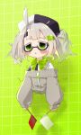  1girl black-framed_eyewear blush bow bowtie cardigan character_ornament cowlick crack cracked_wall dareka_nuitekure_(synthesizer_v) facial_mark flag from_below glasses gloom_(expression) green_background green_bow green_bowtie green_eyes green_hair_ornament grey_hair grid_background hair_ornament hat highres messy_hair mr.turtle_head off-shoulder_sweater off_shoulder red_flag semaphore_flags semi-rimless_eyewear shoulder_strap sweater through_wall triangle_mouth two-tone_hat two-tone_shirt white_flag zipper zipper_pull_tab 