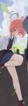  2girls absurdres ahoge bare_legs black_cardigan black_undershirt blue_archive blue_skirt blurry blurry_foreground braid cardigan cardigan_around_waist clothes_around_waist depth_of_field falling_leaves halo highres huge_ahoge leaf lemon.o.zi looking_at_viewer miniskirt multiple_girls neck_ribbon neru_(blue_archive) neru_(school_uniform)_(blue_archive) no_mole open_clothes open_shirt outdoors pleated_skirt red_eyes ribbon school_uniform shirt shoes short_hair single_braid skirt sneakers solo_focus undone_neck_ribbon white_shirt 