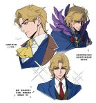 1boy birthmark bishounen blonde_hair blue_eyes chinese_commentary dio_brando ear_birthmark highres jojo_no_kimyou_na_bouken long_hair looking_at_viewer male_focus mingqi67342 multiple_expressions multiple_views phantom_blood phantom_blood_(movie) reference_sheet simple_background smile vampire 